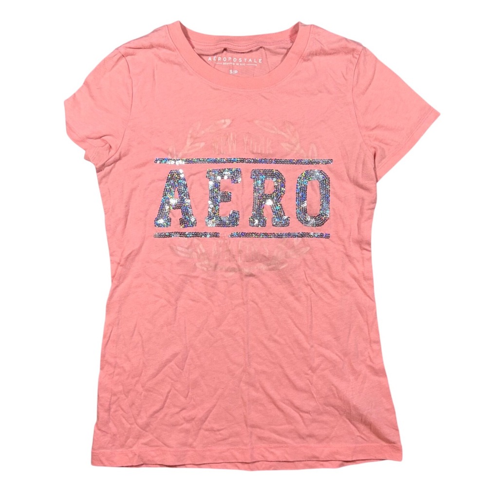 Y2K Aeropostale Womens Pink Sequin Aero Graphic T-Shirt Size Small Crew Neck Tee